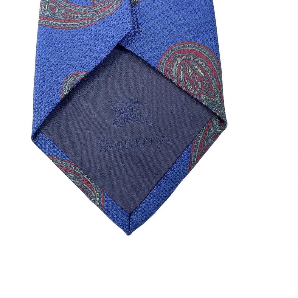 Vintage Burberrys London 100% silk paisley print tie blue maroon red designer‎